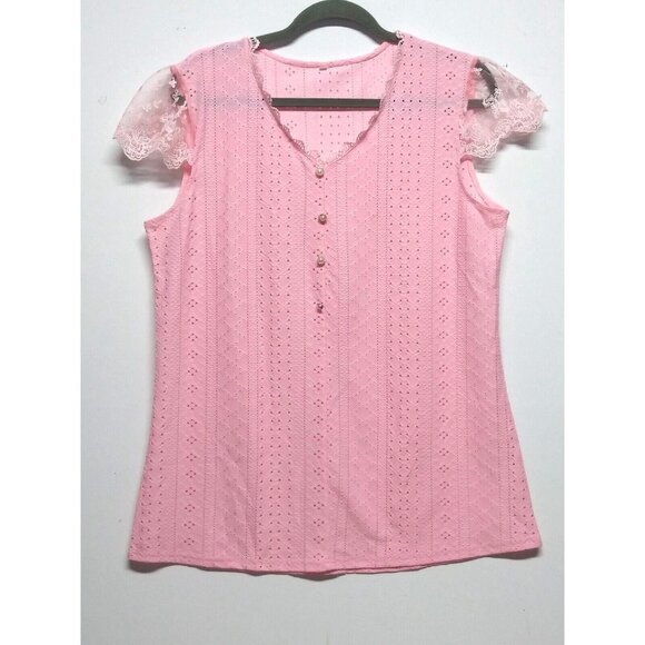 Womens top blouse 1X/2X/3X Pink EYELET KNIT romantic STRETCH lace CAP sleeve - Picture 3 of 12